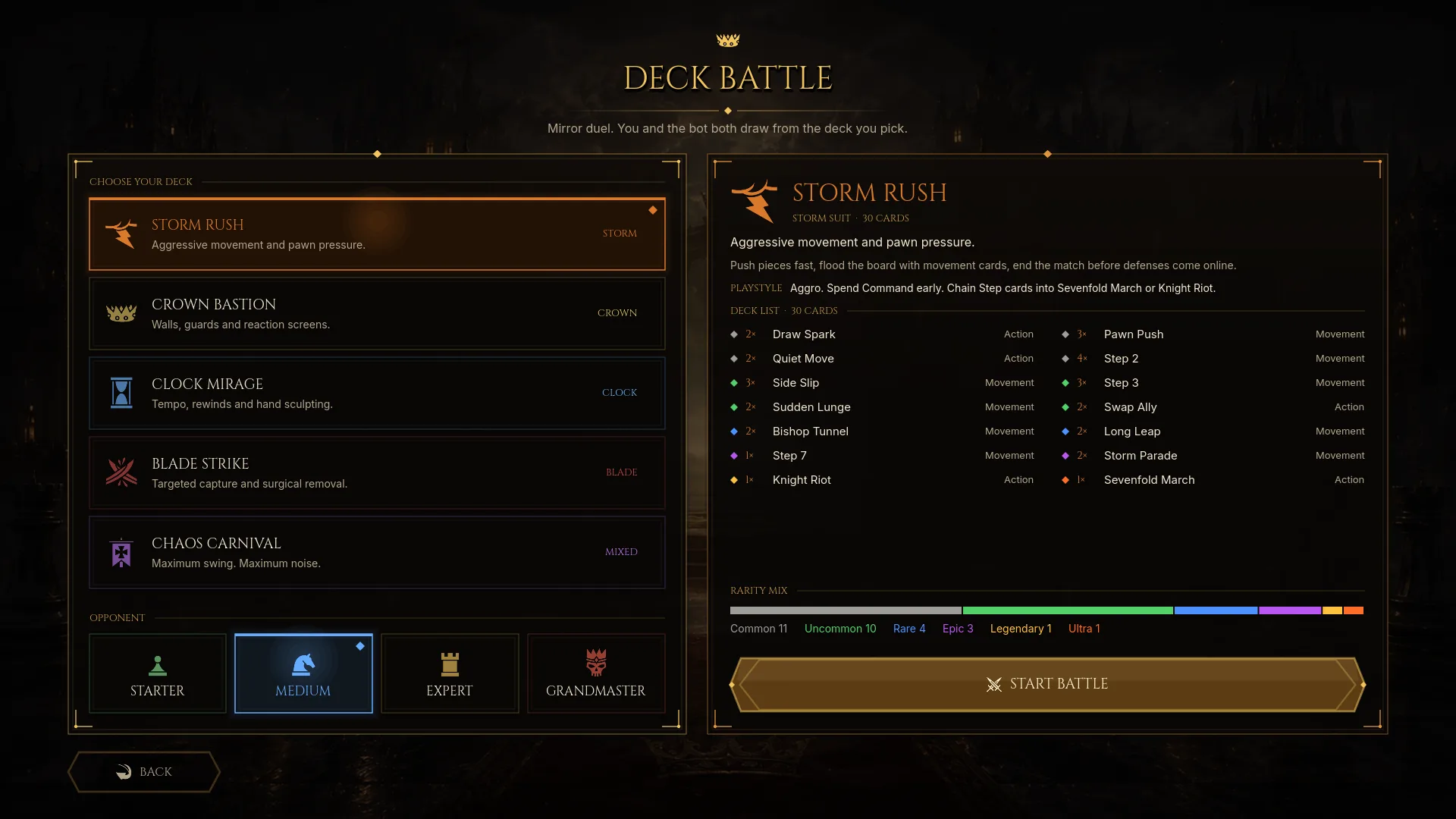 Deck battle: Deck Battle: a mirror duel with themed decks like Storm Rush and Crown Bastion.