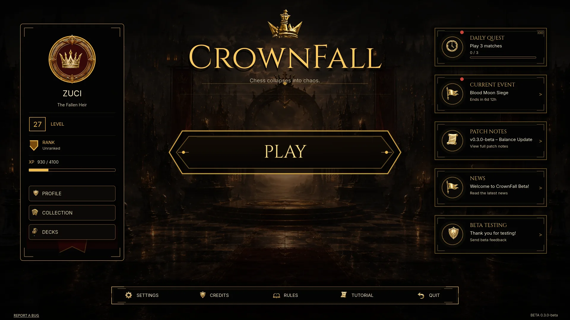Main menu: Daily quests, your profile card and every mode one click away.