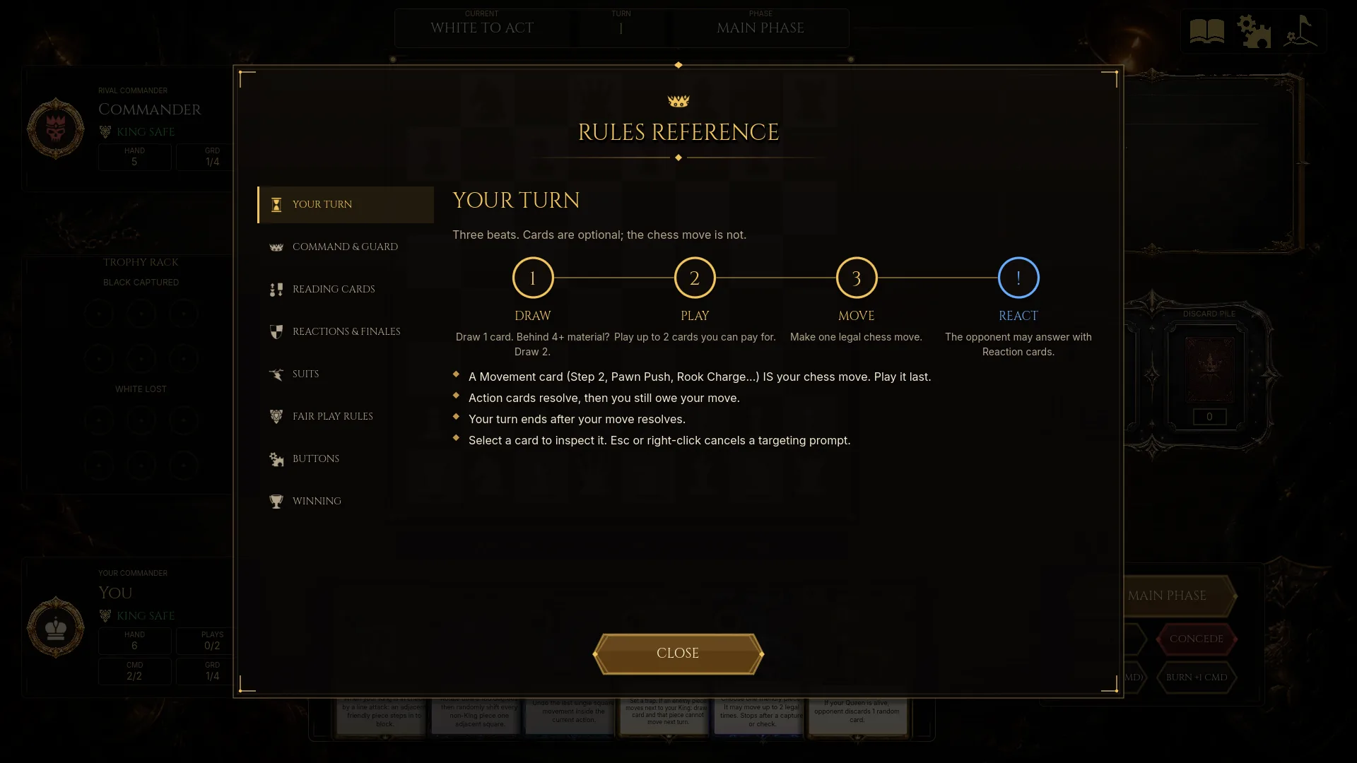 Rules reference: Tabs and diagrams for every rule, inside the game.